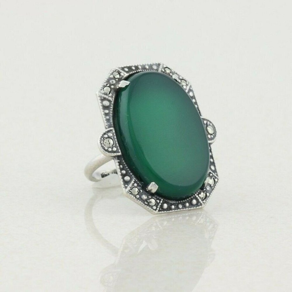 Sterling Silver Green Onyx and Marcasite Ring Art Deco Ring Size 5 - Picture 4 of 8